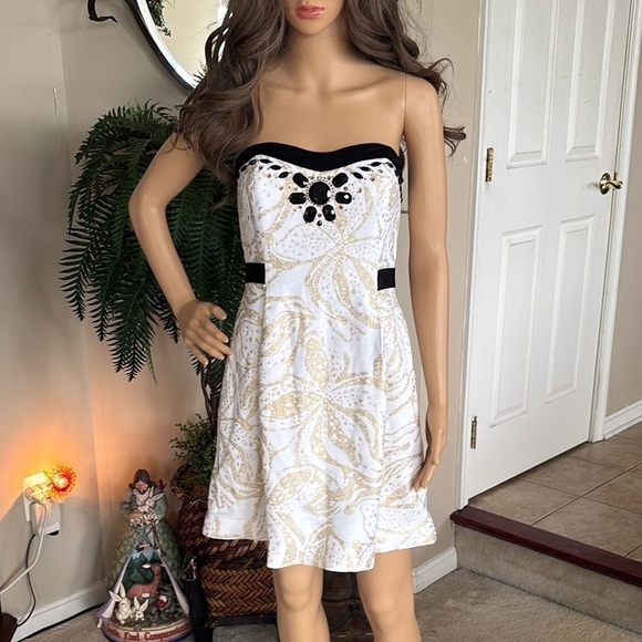 Lilly Pulitzer Christine Strapless Dress Gold Metallic Floral Black Beaded - Picture 1 of 15